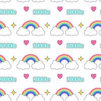 2000 rainbow pattern. Colorful rainbow, star, heart and symbol 2000s on white background. Y2k vibes elements. Cartoon pattern. Psychedelic hand drawn vector illustration.