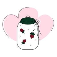 Raspberry jam in a cute jar on a white background. Autumn aesthetics, elements, details. Postcard, poster, template. Cute vector hand drawn illustration in cartoon, flat style, doodle.