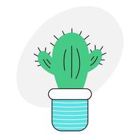 Cute cactus doodle. Cartoon cactus in a blue striped pot on a white background. Cool vector illustration in flat style.