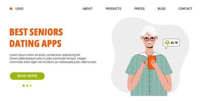 Old man use mobile phone. Nice elderly male character using dating apps, social media. Communicate in net for older person. Landing page template, web banner. Cute vector illustration in flat style.