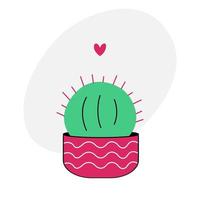 Cute cactus doodle. Cartoon round cactus in a pink pot on a white background. Cool vector illustration in flat style.