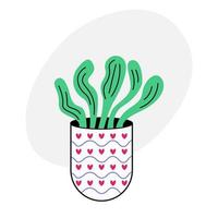 Cute cactus doodle. Cartoon cactus in a white pot with lines and hearts on a white background. Cool vector illustration in flat style.