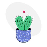 Cute cactus doodle. Cartoon cactus in a blue striped pot on a white background. Cool vector illustration in flat style.