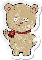 retro distressed sticker of a cartoon waving teddy bear vector