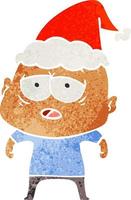 retro cartoon of a tired bald man wearing santa hat vector