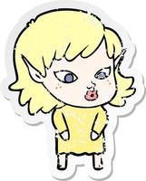 distressed sticker of a pretty cartoon elf girl vector