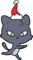 cute line drawing of a cat wearing santa hat vector