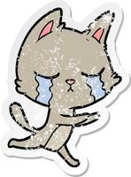 distressed sticker of a crying cartoon cat running vector
