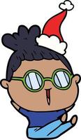 line drawing of a woman wearing spectacles wearing santa hat vector