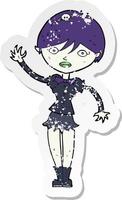 retro distressed sticker of a cartoon vampire girl waving vector