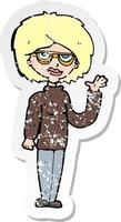 retro distressed sticker of a cartoon woman waving vector