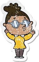 distressed sticker of a cartoon woman wearing glasses vector