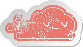 distressed old sticker of kawaii happy cloud vector