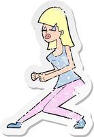 retro distressed sticker of a cartoon crazy dancing girl vector