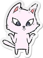 distressed sticker of a confused cartoon cat shrugging shoulders vector