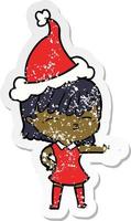 distressed sticker cartoon of a woman wearing santa hat vector