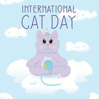 día internacional del gato. gato violeta con maíz sentado en la nube en el cielo azul con clew vector