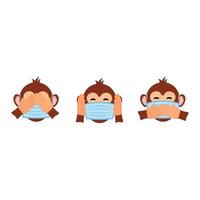 Three monkeys show how to wear face masks during the monkey poxpandemic vector