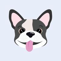 Funny cartoon French Bulldog puppy face sticking out tongue. Cute Frenchie dog drawing, vector illustration.