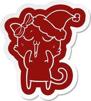 cartoon  sticker of a cat wearing santa hat vector