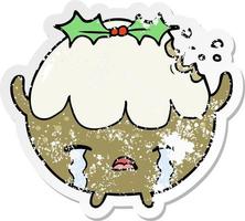 distressed sticker of a cartoon chrstmas pudding vector