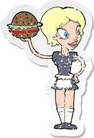 retro distressed sticker of a cartoon waitress with burger vector