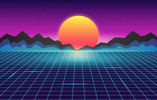 synthwave retro sol futurista geométrico paisaje montañas ciencia ficción ilustración fondo vector