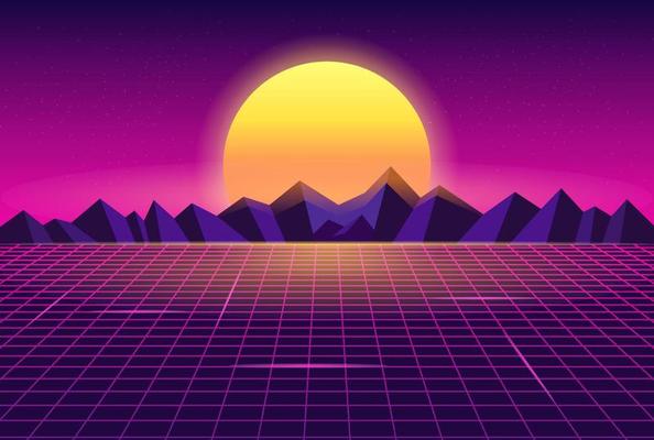Synthwave Retrowave Sun Illuminated Glowing Mountains Wireframe Landscape Illustration Background
