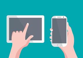 pantalla táctil de la tableta del teléfono inteligente sosteniendo en la mano el dispositivo de tecnología vector