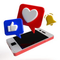 3d Smartphone Love Heart Bell Like hand and speech Bubble PNG