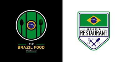 logotipo del restaurante de comida de brasil. símbolo de la bandera de brasil con iconos de cuchara y tenedor. logotipo premium y de lujo