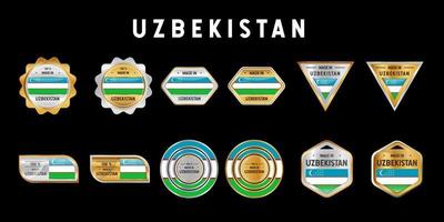hecho en uzbekistán etiqueta, sello, insignia o logotipo. con la bandera nacional de uzbekistán. en colores platino, oro y plata. emblema premium y de lujo vector