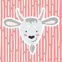 Goat. Postcard with a cute animal on a striped background. Vector illustration for decorating children's parties, children's room, and other purposes.