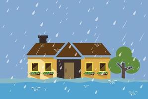 Flood natural disaster with house, heavy rain and storm , damage with home, clouds and rain, flooding water in city, Flooded house. vector