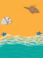 Sandy beach on border with sea full of seashells and starfish vector illustration