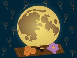 ilustración vectorial del festival asiático del medio otoño con luna llena, pastel de luna, flor de loto y linternas vector