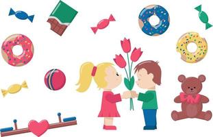 First Innocent Love. Little boy giving flower to little girl. a set of attributes on the topic of the first innocent love. Flat cartoon vector illustration. suitable for children's products