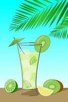 kiwi cocktail on a palm tree background. Flat cartoon vector illustration