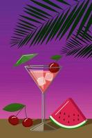cherry daiquiri cocktail on a palm tree background. Flat cartoon vector illustration
