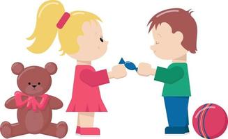Friendship between a boy and a girl. A boy gives a candy to a girl. Flat cartoon vector illustration
