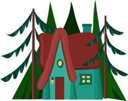 linda casa en el fondo de abetos y pinos. una pequeña casa en el bosque. arquitectura. ilustración vectorial de dibujos animados vector