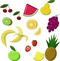 un conjunto de frutas y bayas. jugoso colorido y delicioso. estilo de vida saludable. nutrición apropiada. adecuado para productos promocionales, pegatinas, productos para niños. ilustración vectorial de dibujos animados vector