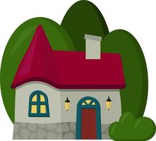 cute house on the background of trees and bushes. A small house in the forest. architecture. cartoon vector illustration