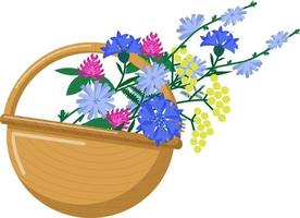 a basket with a bouquet of summer flowers. Summer mood. Wildflowers. cartoon vector illustration