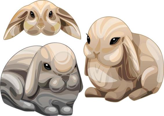 A set of cartoon drawn animals. Rabbit breed of American fuzzy lop.