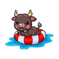 Cute baby bull cartoon swimming on pool ring inflatable vector
