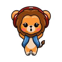 Cute baby lion cartoon wearing headphone vector