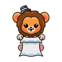 Cute baby lion cartoon in hat and holding paper vector