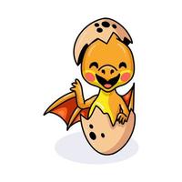 Cute red little dragon cartoon hatching from egg and waving hand vector