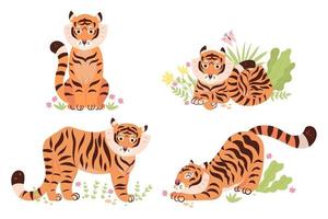 Set of cute tigers isolated on a white background. Vector graphics.